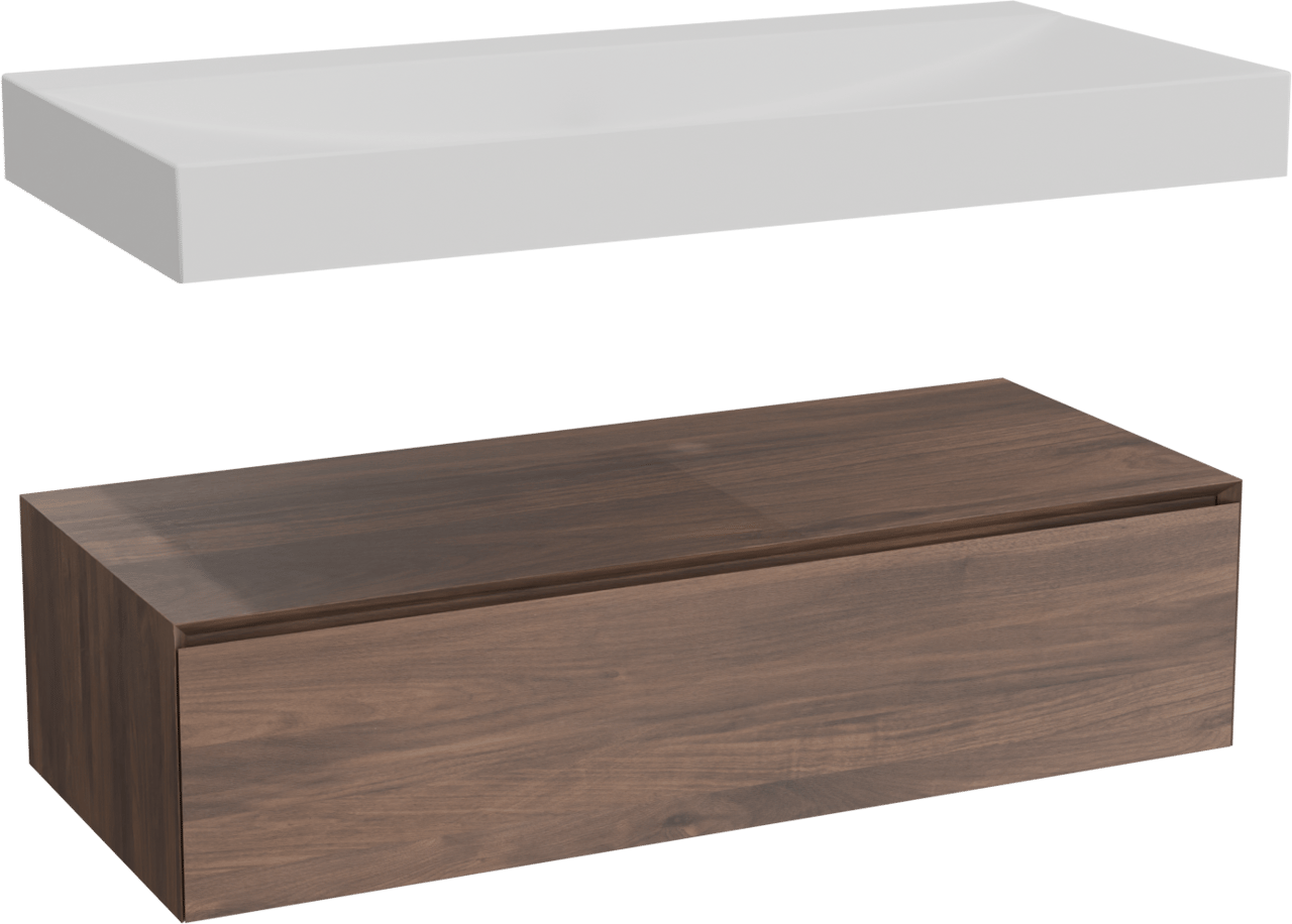 Balmani Mitra Elements hängendes Möbelstück Set: 120 x 55 cm, Amerikanischer Nussbaum mit Wave Einzelwaschtisch für 2 Armaturenlöcher, Solid Surface Weiß matt