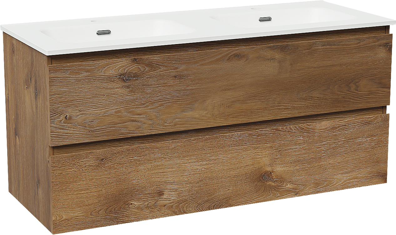 Linie Lado meuble salle de bains suspendu 120 x 46 cm chêne brun avec Baro double vasque en porcelaine blanc mat