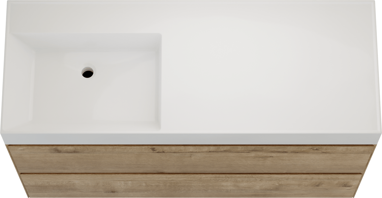 Balmani Mitra Compact zwevend badkamermeubel 120 x 46 cm ruwe eik met Argila asymmetrisch linkse wastafel in composietmarmer glanzend wit