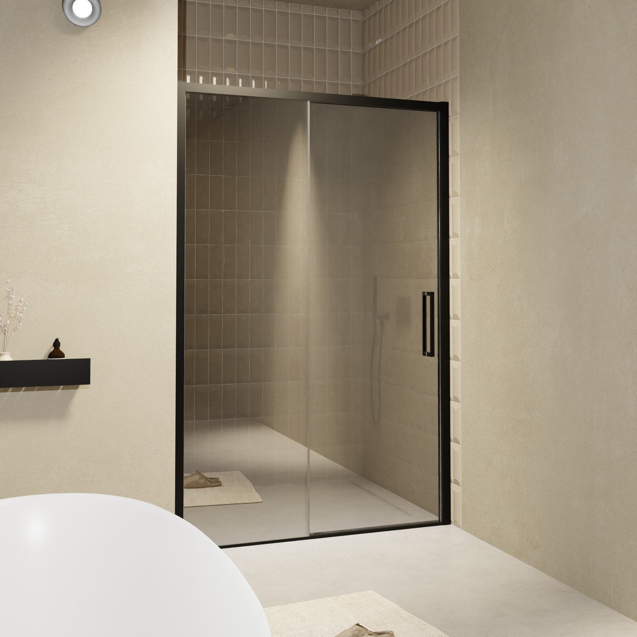 Balmani Senses Design Dusche Schiebetür, Links, 140 cm x 210 cm, Reflex-Spiegelglas, Profil Schwarz, inklusive Coating