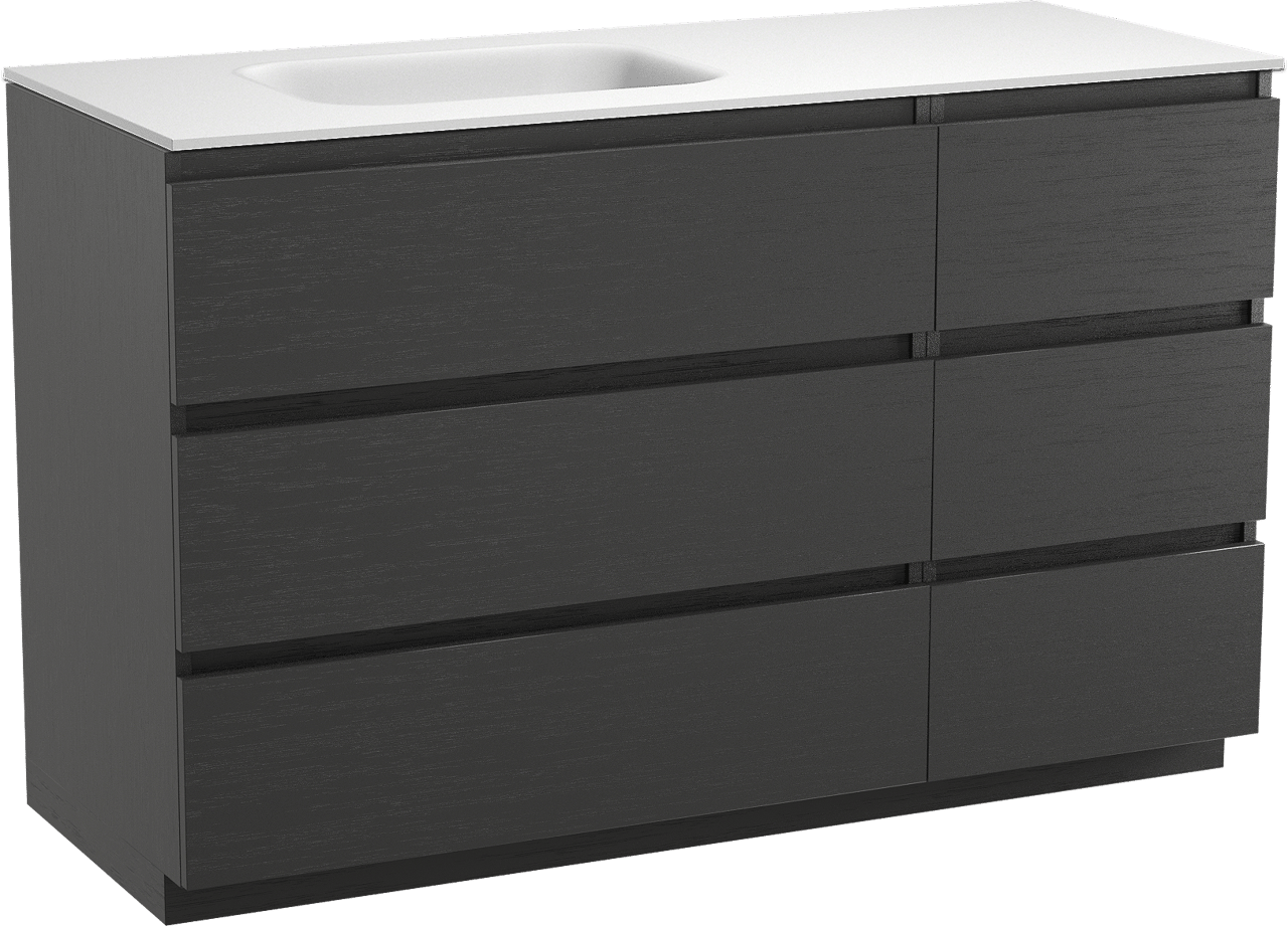 Balmani Lucida freistehendes Möbelstück Set: 135 x 55 cm, Schwarze Eiche, mit Tablo Arcato Waschtisch links, Solid Surface Weiß matt