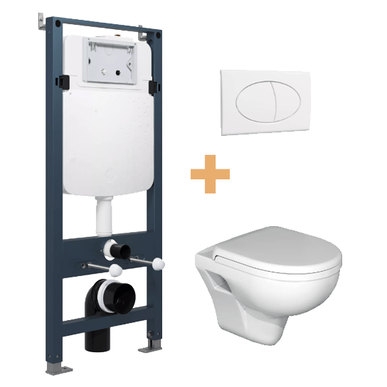 Linie Enzo wc suspendu blanc brillant rebord de chasse ouvert avec abattant de luxe et Linie Ilana bâti-support avec plaque de commande