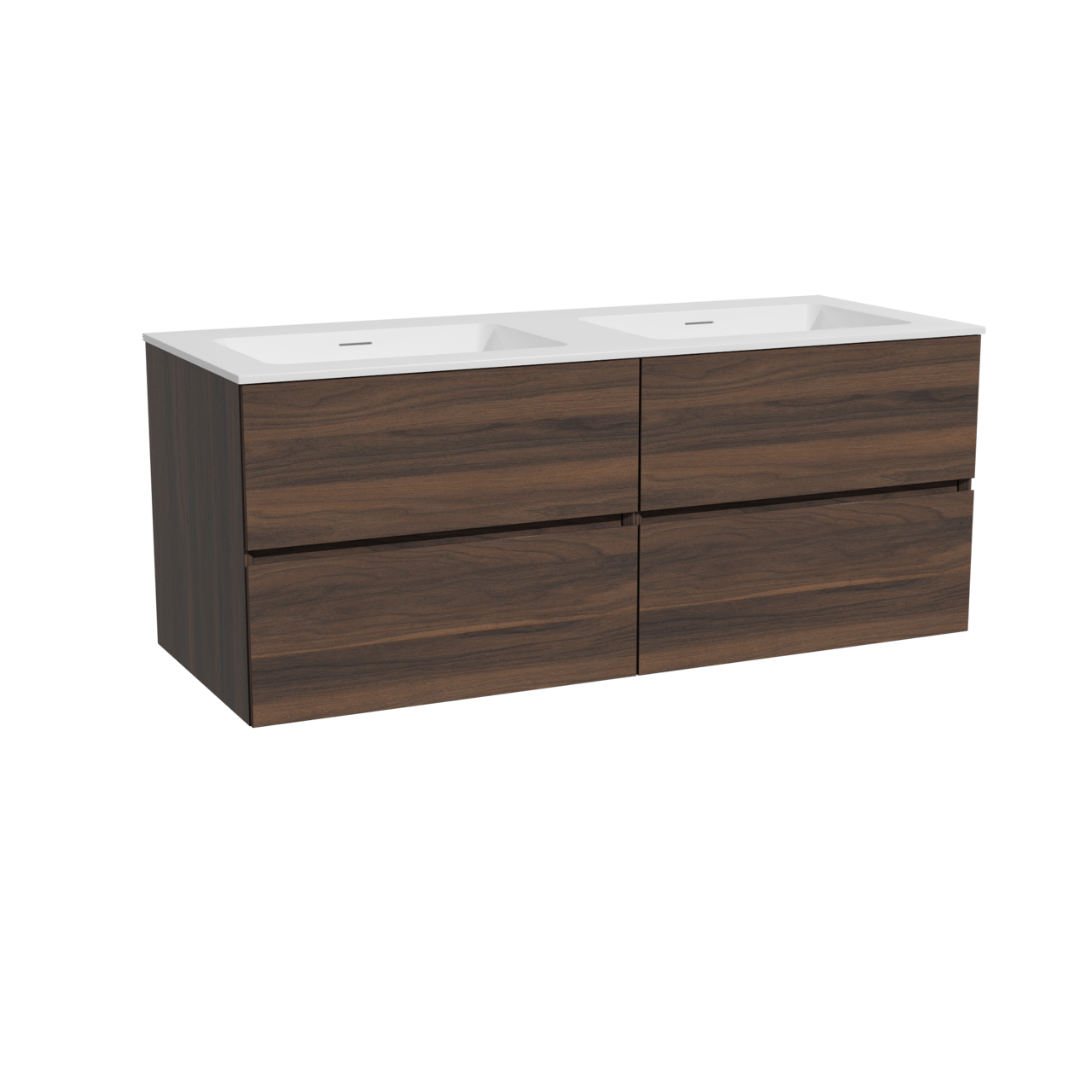 Storke Edge zwevend badmeubel 130 x 52 cm notenhout met Mata dubbele wastafel in solid surface mat wit