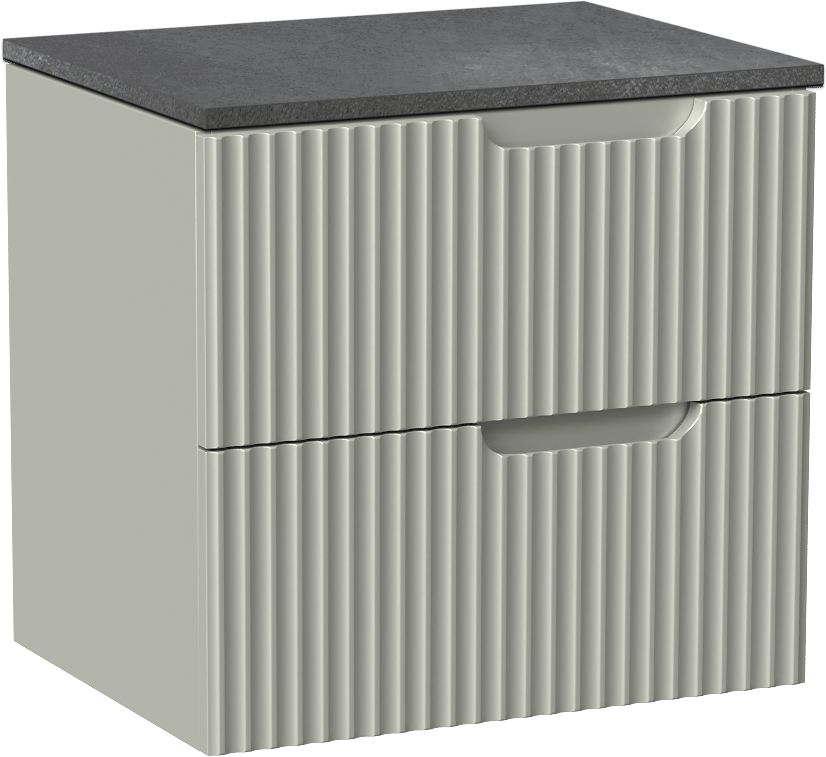 Linie Ribbo zwevend badmeubel 60 x 46 cm greige met Lado enkel wastafelblad in melamine grijze leisteen, Verticale symmetrische ronde ribbel