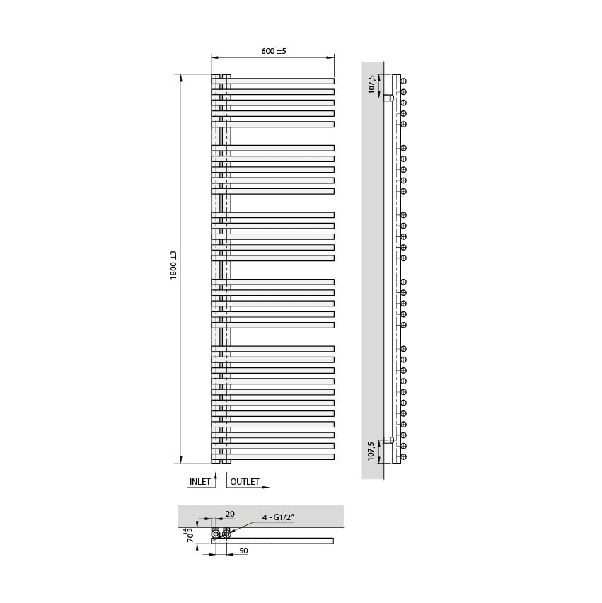 Vipera Nevada einzel Handtuchheizkörper 60 x 180 cm elektrische Heizung weiß matt Seitenanschluss 970W, inkl. Widerstand, nicht für Deutschland geeignet