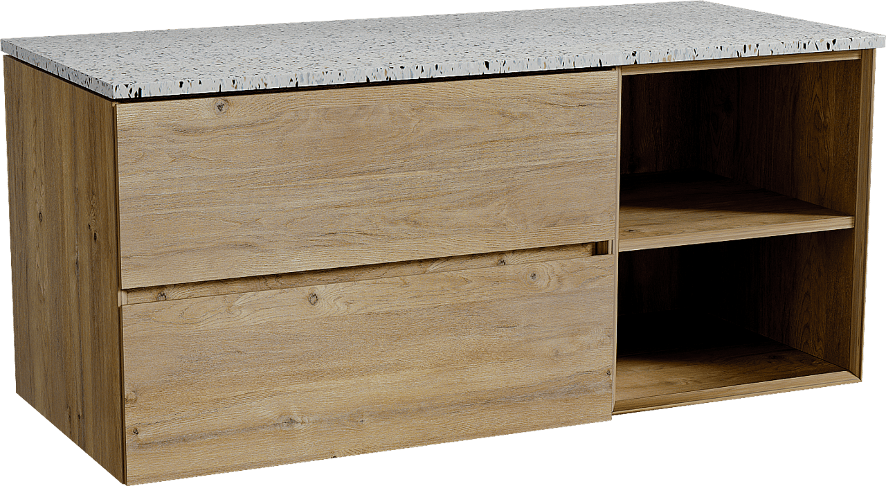 Storke Edge meuble salle de bains suspendu 120 x 52 cm chêne brut avec Tavola tablette simple ou double en blanc/noir mat terrazzo