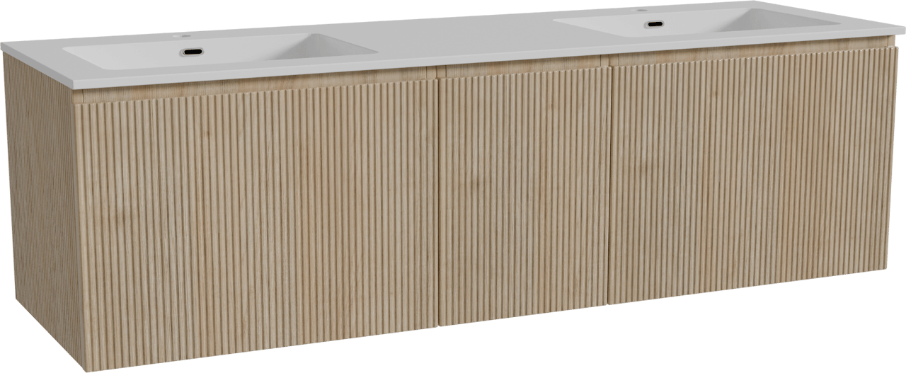 Storke Ribs meuble salle de bains suspendu 165 x 52 cm chêne brut avec Diva double vasque en marbre composite blanc brillant, Nervure droite symétrique verticale