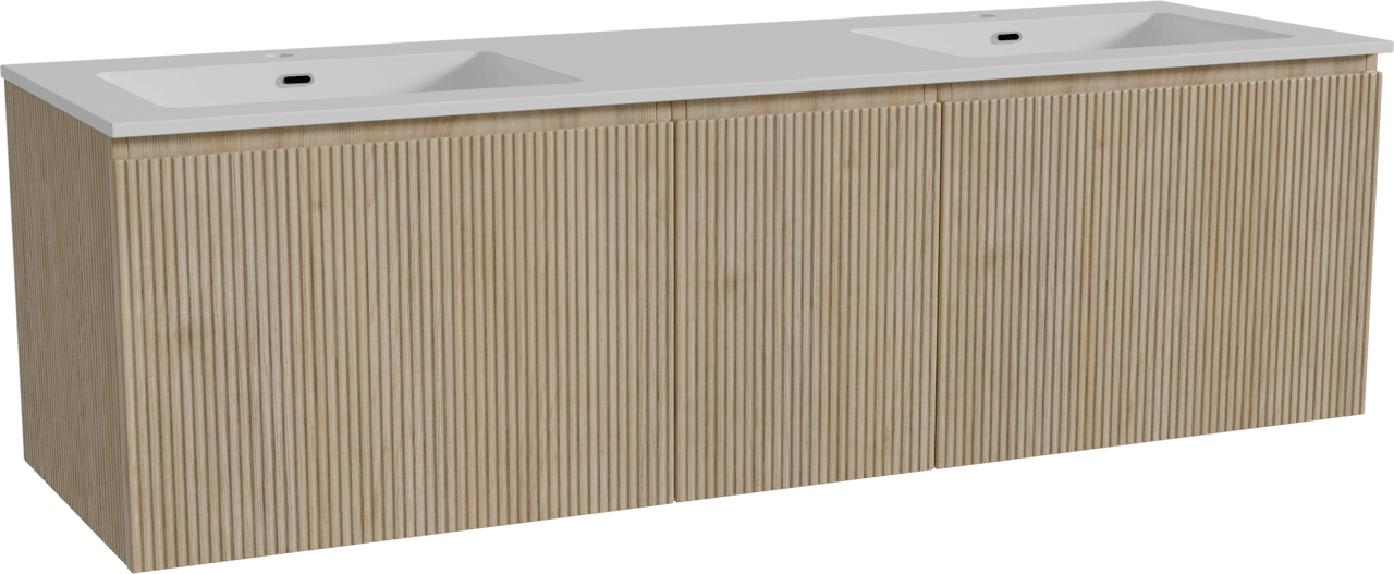 Storke Ribs zwevend badmeubel 165 x 52 cm ruw eiken met Diva dubbele wastafel in composietmarmer hoogglans wit, Verticale symmetrische rechte ribbel