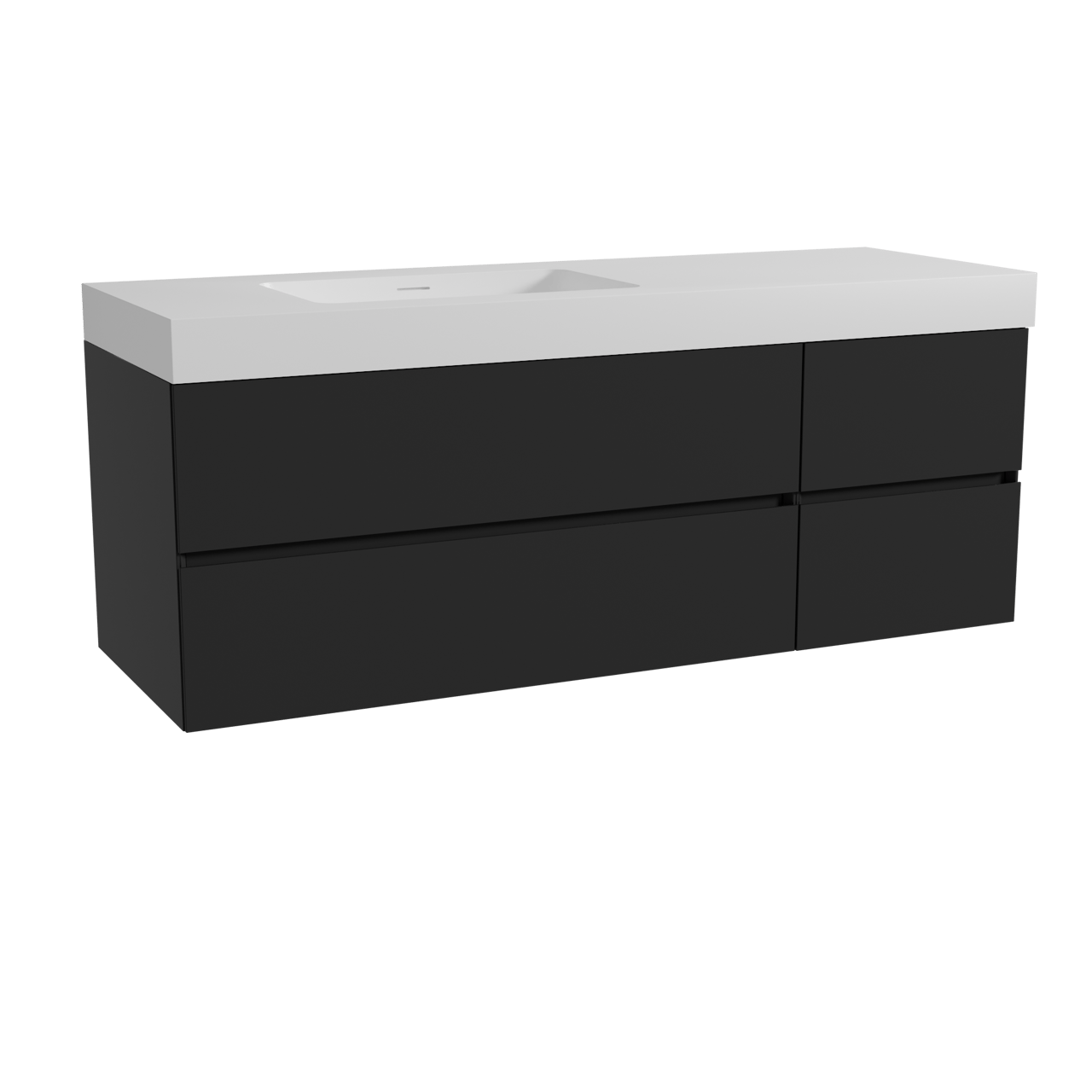 Storke Edge zwevend badmeubel 150 x 52 cm mat zwart met Mata High asymmetrisch linkse wastafel in solid surface mat wit