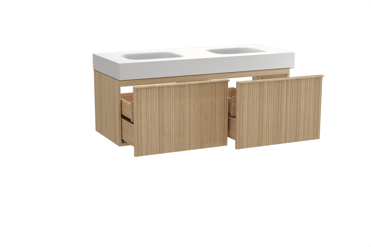 Balmani Forma zwevend badkamermeubel 135 x 55 cm natuur eik met Arcato dubbele wastafel in solid surface mat wit, Verticale asymmetrische ronde ribbel