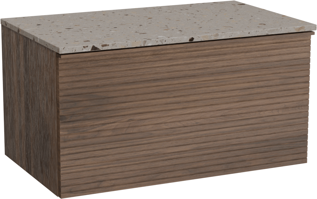 Balmani Forma zwevend badkamermeubel 90 x 55 cm amerikaanse notelaar met Stretto enkel tablet in terrazzo greige terrazzo, Horizontale symmetrische rechte ribbel