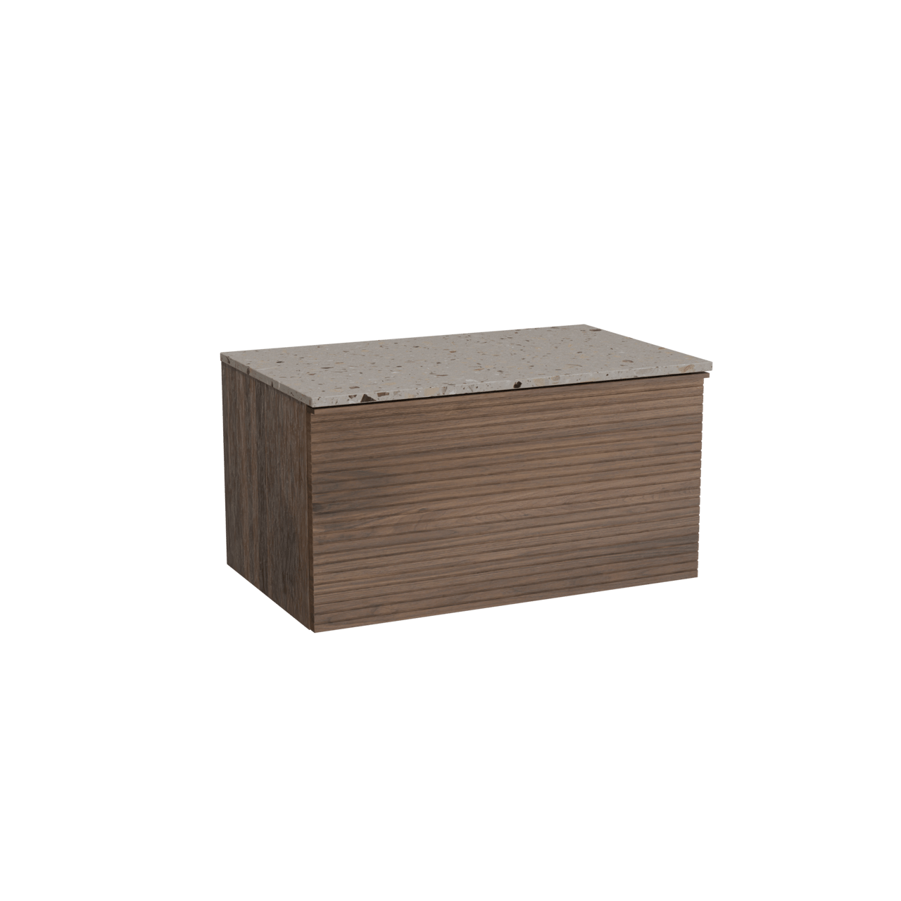 Balmani Forma hängendes Möbelstück Set: 90 x 55 cm, Amerikanischer Nussbaum, mit Stretto Einzel Waschtischplatte, Terrazzo in Greige, Horizontale symmetrische gerade Rippe