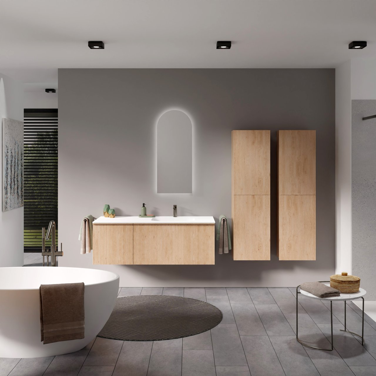 Balmani Forma hängendes Möbelstück Set: 135 x 55 cm, Naturbelassene Eiche, mit Tablo Arcato Waschtisch rechts, Solid Surface, Weiß matt, Vertikale symmetrische gerade Rippe