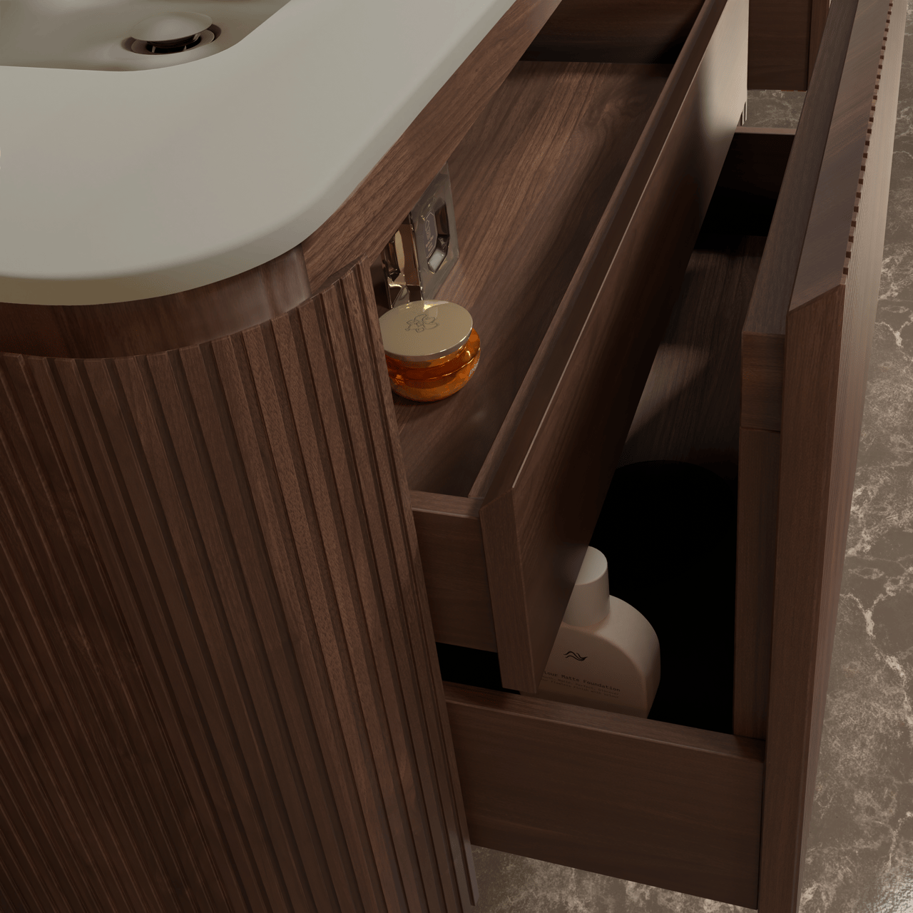 Balmani Moon meuble salle de bains suspendu 100 x 55 cm noyer américain avec Moon plan simple en top solid soie grise, Nervure droite symétrique verticale