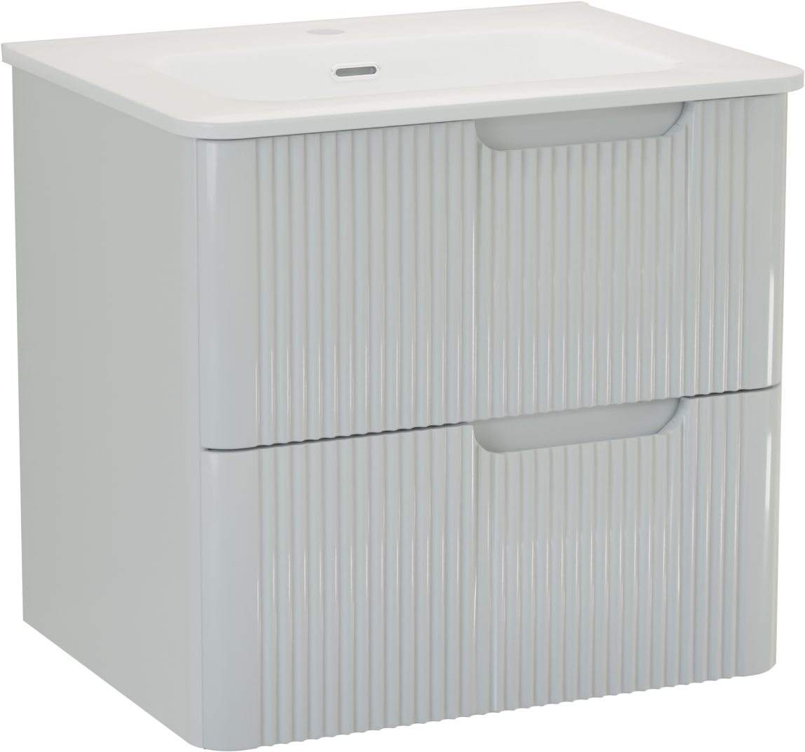 Linie Curvo zwevend badkamermeubel 60 x 46 cm glanzend wit met Baro Curvo enkele wastafel in porcelein glanzend wit, Verticale symmetrische ronde ribbel