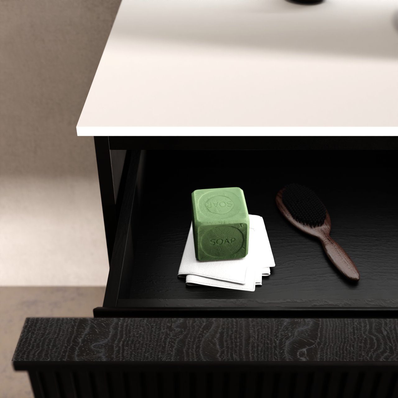 Balmani Forma meuble salle de bains suspendu 120 x 55 cm chêne noir avec Tablo Arcato lavabo simple pour 2 trous de robinet en solid surface blanc mat, Nervure droite symétrique verticale