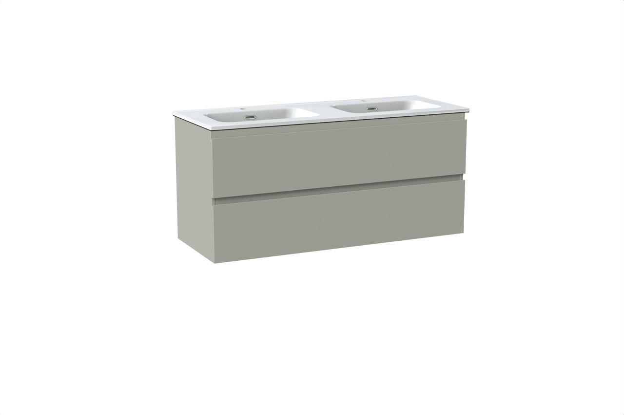 Linie Lado hängendes Möbelstück Set: 120 x 46 cm, Greige, mit Baro Doppelwaschtisch, Porzellan Weiß glänzend