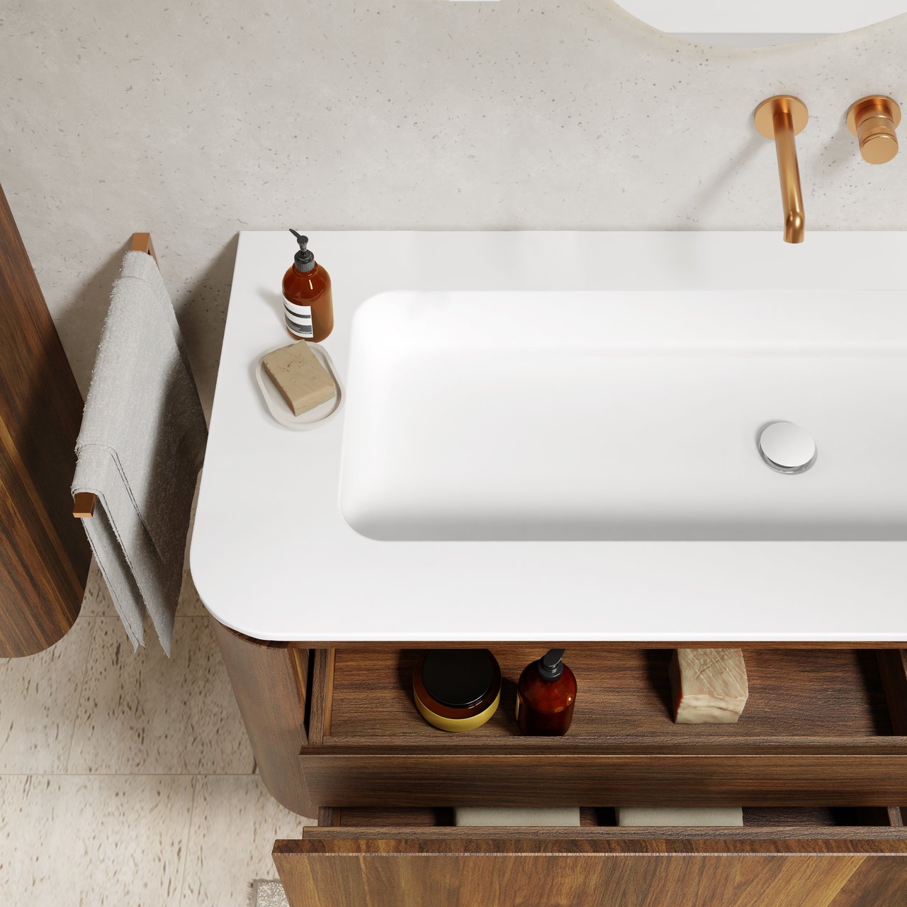 Balmani Moon meuble salle de bains suspendu 130 x 55 cm noyer américain avec Moon tablette simple ou double en solid surface blanc mat