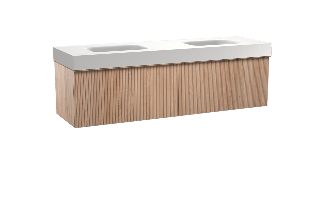 Balmani Forma meuble salle de bains suspendu 180 x 55 cm chêne naturel avec Arcato double vasque en solid surface blanc mat, Nervure droite symétrique verticale