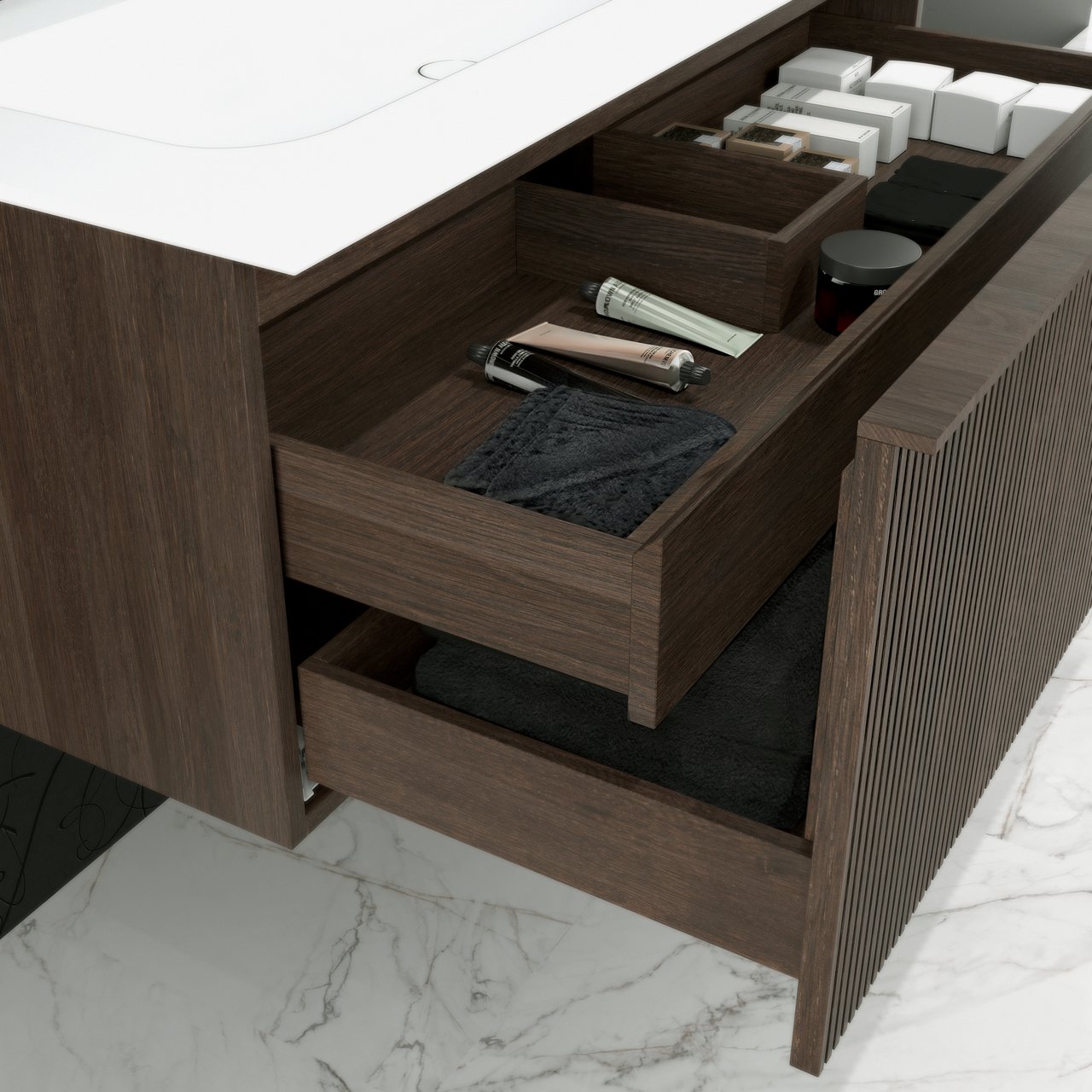 Balmani Forma hängender Waschbeckenunterschrank: 90 x 55 cm, Eiche geräuchert, 2 Schubladen