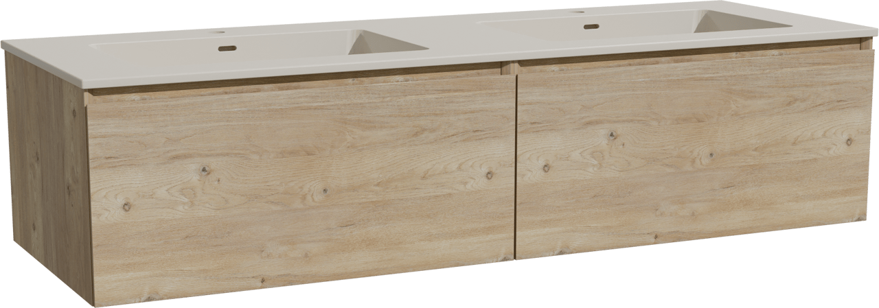 Storke Edge hängendes Möbelstück Set: 150 x 52 cm, Rohe Eiche, mit Diva Doppelwaschtisch, Top Solid Seidengrau