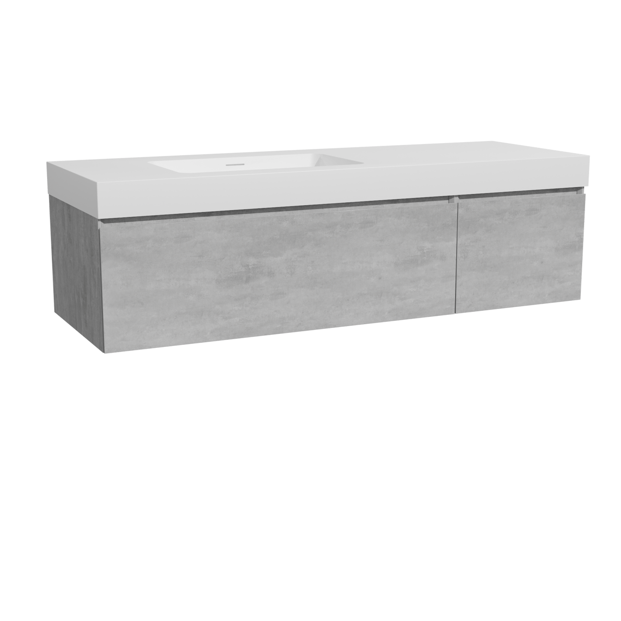 Storke Edge meuble salle de bains suspendu 150 x 52 cm béton gris foncé avec Mata High vasque asymétrique gauche en solid surface blanc mat