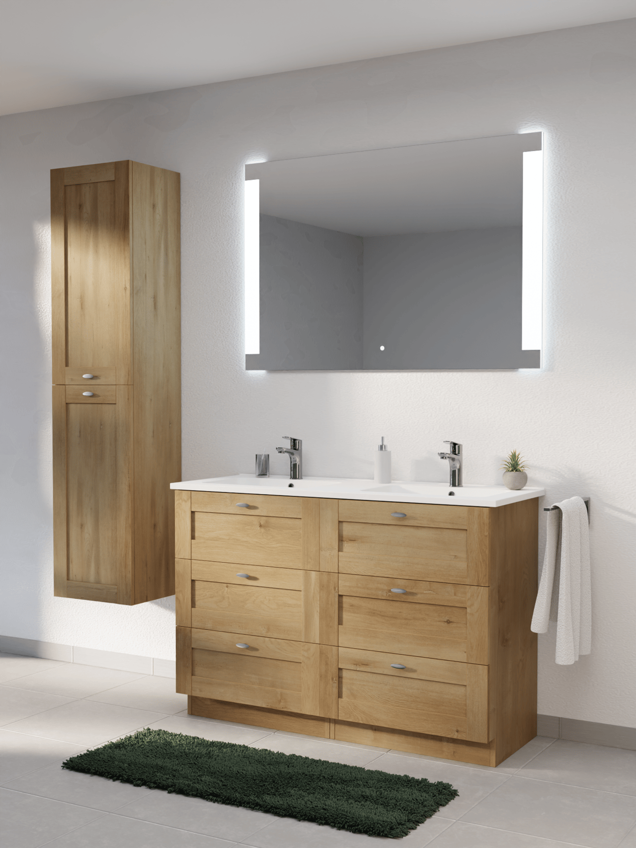 Linie Classo staand badkamermeubel 120 x 46 cm natuur eik met Vano dubbele wastafel in composietmarmer mat wit