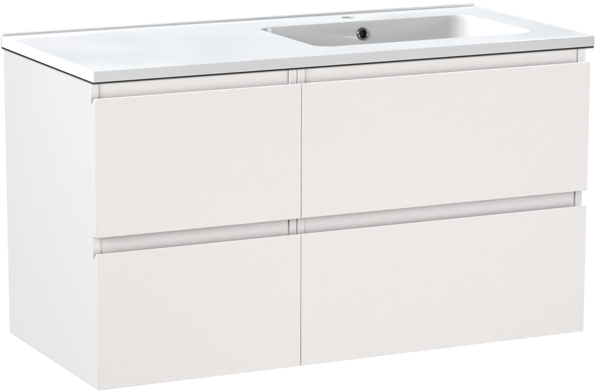 Linie Lado zwevend badkamermeubel 100 x 46 cm mat wit met Vano asymmetrisch rechtse wastafel in composietmarmer glanzend wit