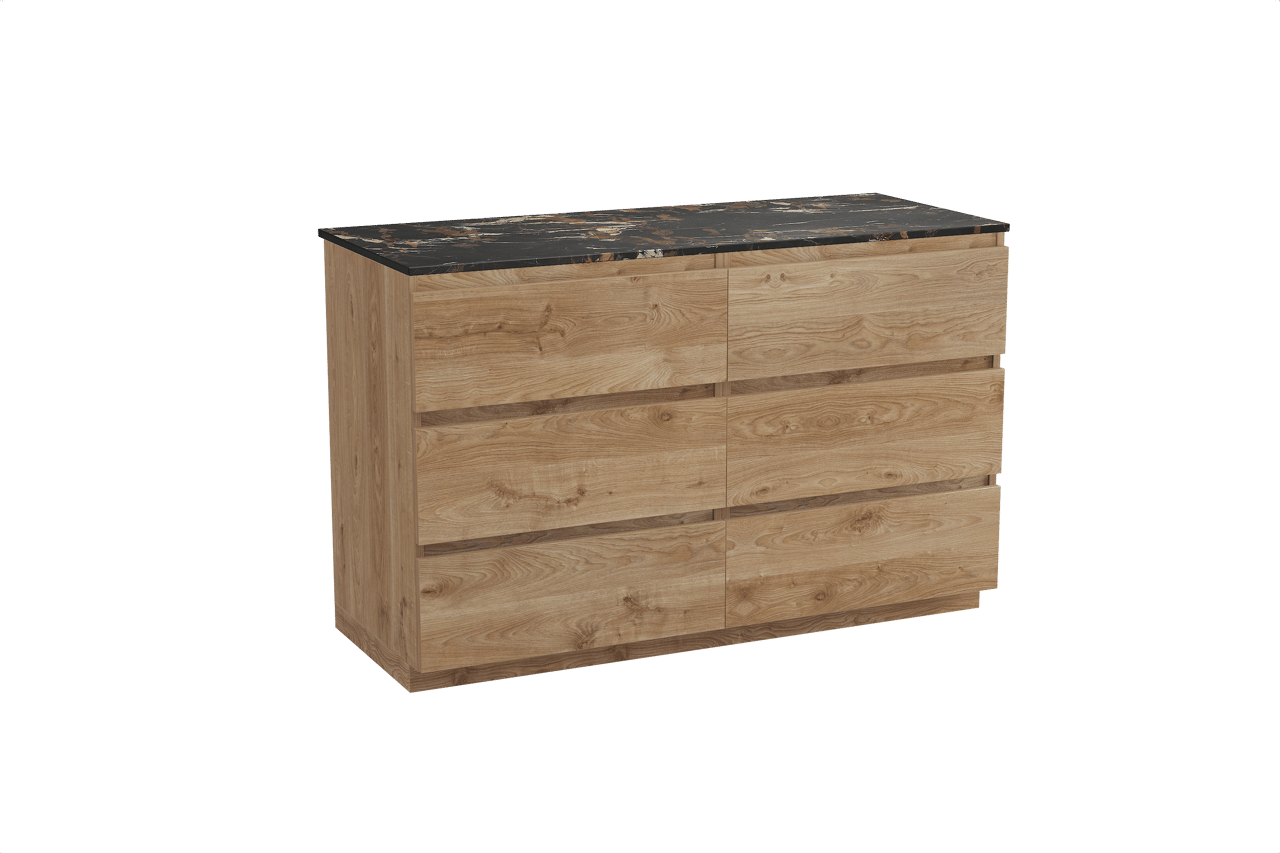 Balmani Lucida staand badkamermeubel 135 x 55 cm ruwe eik met Stretto enkel of dubbel tablet in marmer portoro gold