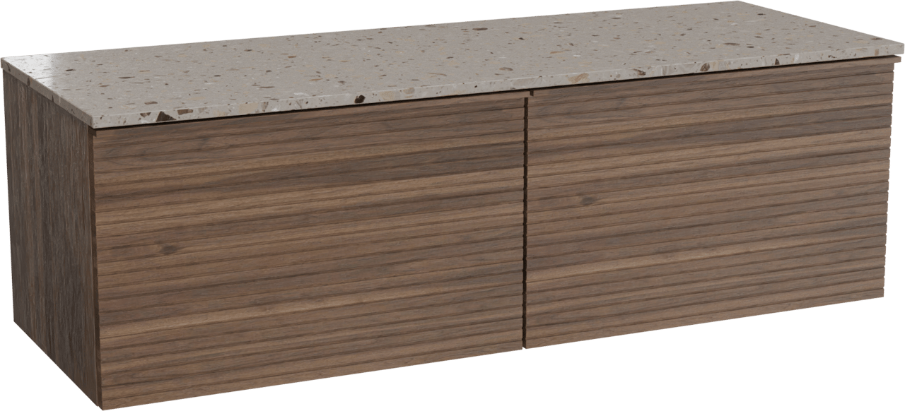 Balmani Forma zwevend badmeubel 150 x 55 cm amerikaans notenhout met Stretto enkel of dubbel wastafelblad in terrazzo greige terrazzo, Horizontale symmetrische rechte ribbel