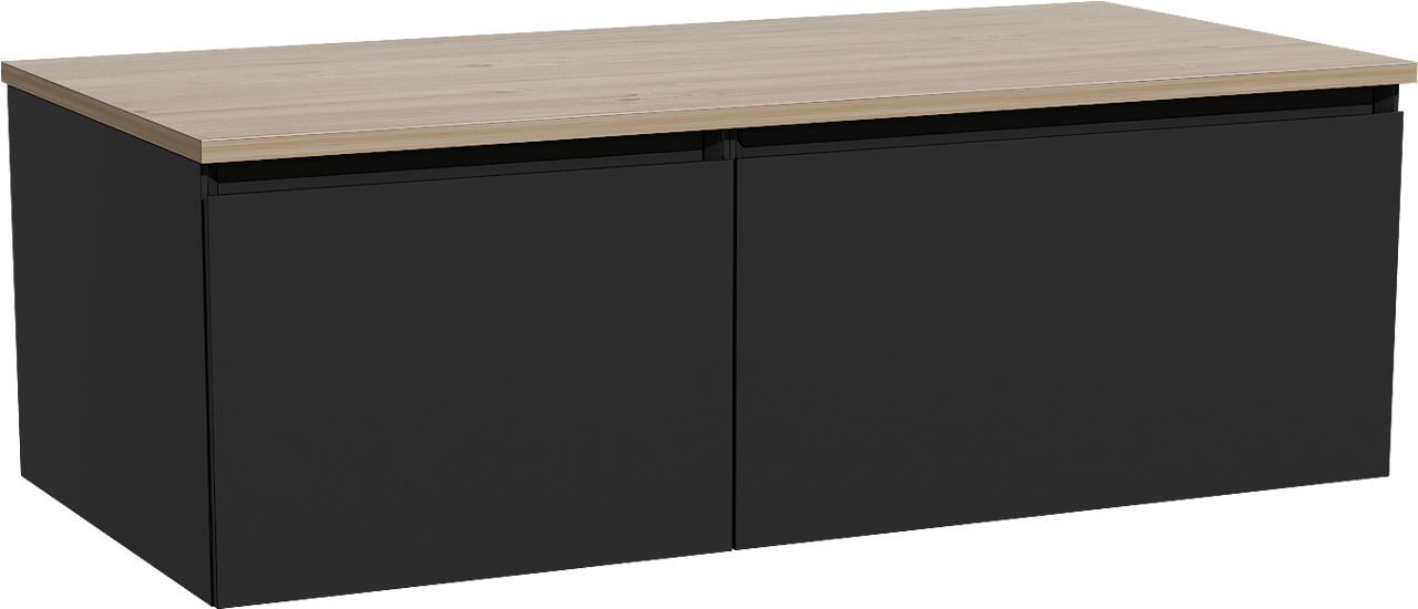 Storke Edge hängendes Möbelstück Set: 110 x 52 cm, Schwarz matt, mit Panton Einzel Waschtischplatte, Melamin Rohe Eiche