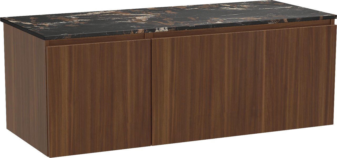 Balmani Sfera hängendes Möbelstück Set: 135 x 55 cm, Amerikanischer Nussbaum, mit Stretto Einzel- oder Doppel Waschtischplatte, Marmor Portoro Gold