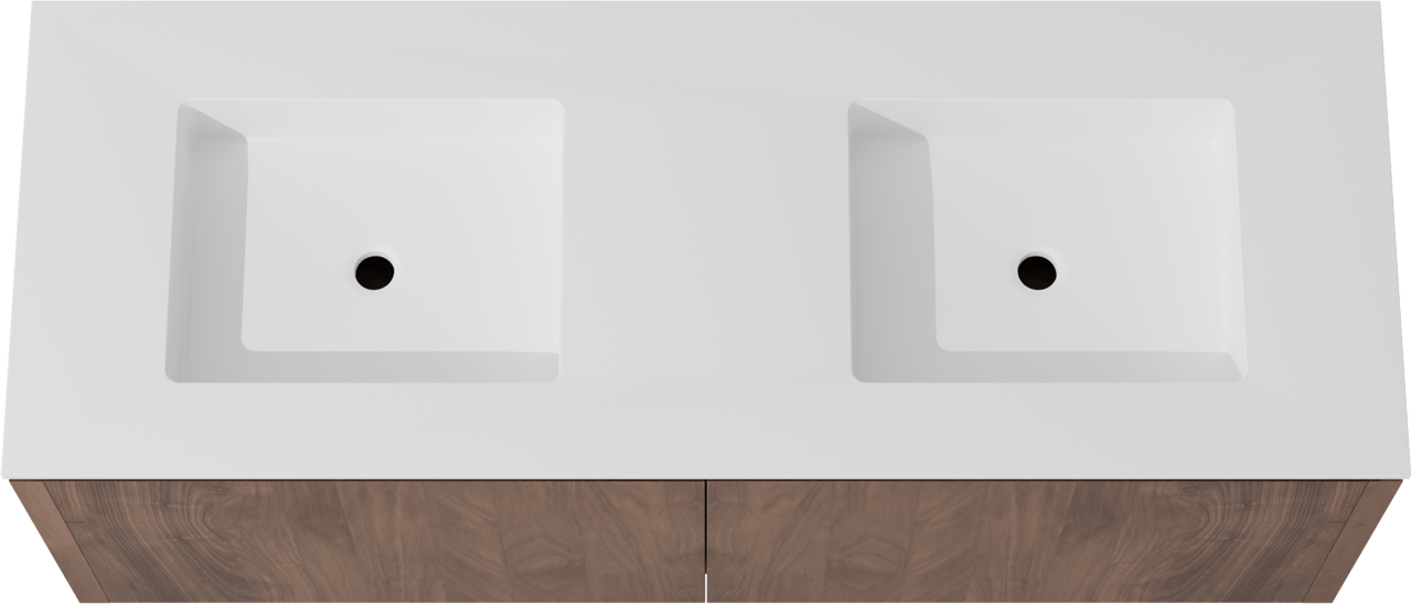 Balmani Eclips hängendes Möbelstück Set: 150 x 55 cm, Amerikanischer Nussbaum, mit Tablo Stretto Doppelwaschtisch Solid Surface Weiβ matt