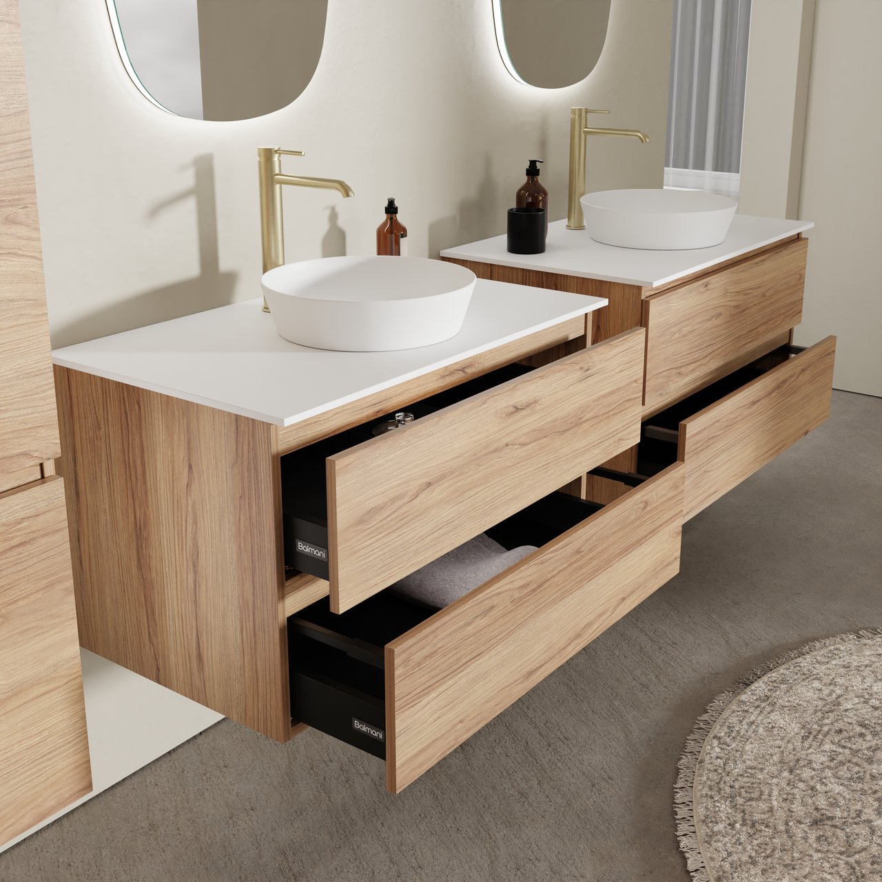 Balmani Lucida zwevend badkamermeubel 90 x 55 cm teak met Stretto enkel tablet in solid surface mat wit