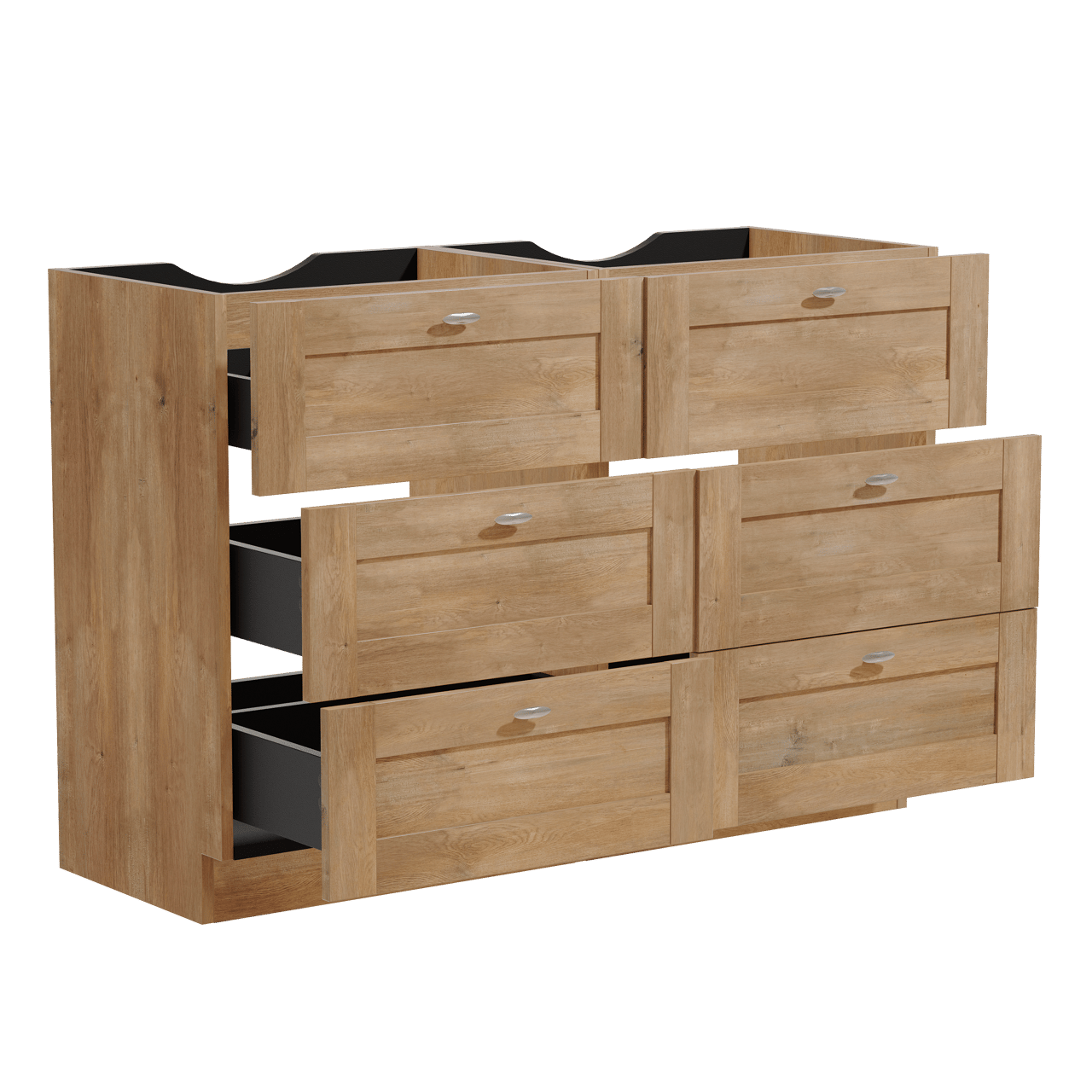 Linie Classo stehender Waschbeckenunterschrank: 120 x 46 cm, Eiche Natur 6 Schubladen 2 Siphonaussparungen