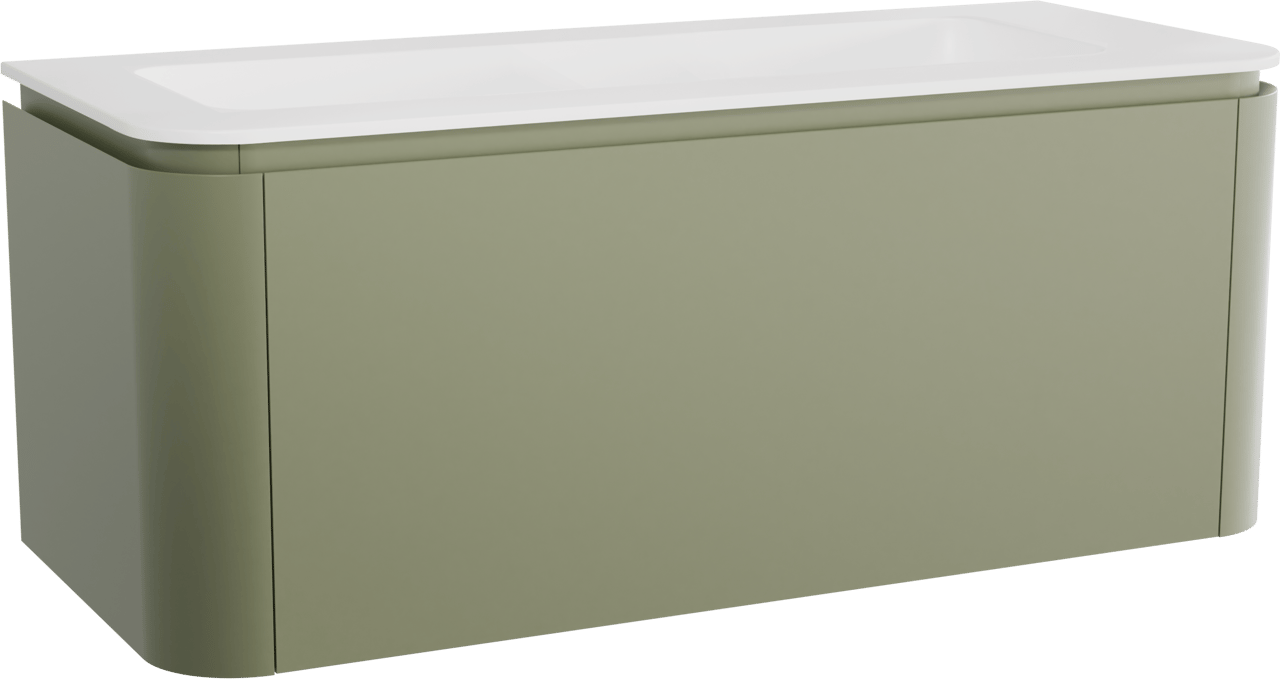 Balmani Moon zwevend badkamermeubel 130 x 55 cm saliegroen met Moon enkel of dubbel tablet in solid surface mat wit