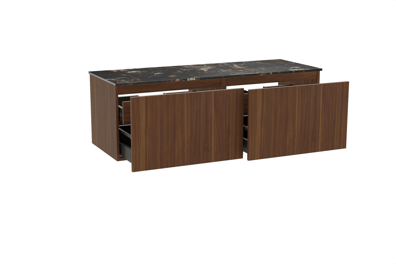 Balmani Sfera meuble salle de bains suspendu 150 x 55 cm noyer américain avec Stretto tablette simple ou double en marbre portoro gold