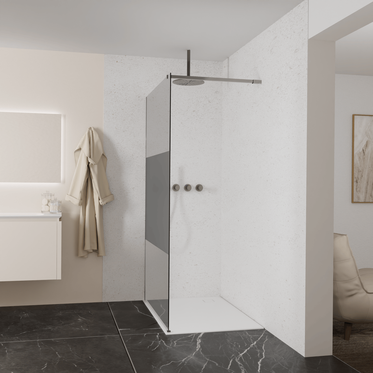 Balmani Modular inloopdouche: 120 x 200 cm, Rookglas met matte strook, Brushed GunMetal profielen