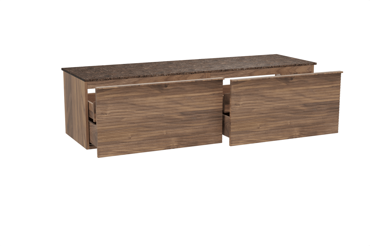 Balmani Forma hängendes Möbelstück Set: 180 x 55 cm, Amerikanischer Nussbaum, mit Stretto Einzel- oder Doppel Waschtischplatte, Marmor, Dark Emperador, Horizontale symmetrische gerade Rippe