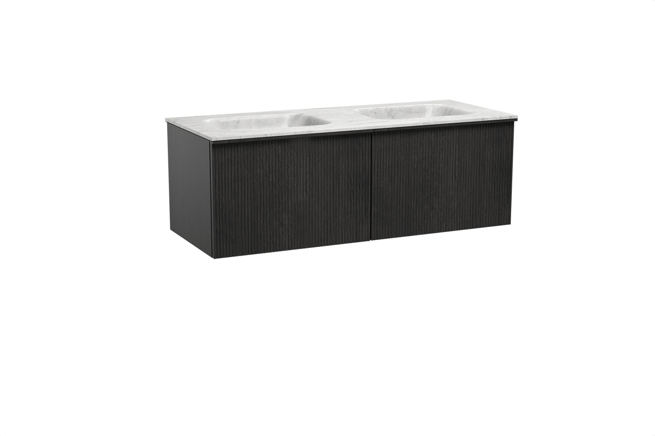 Balmani Forma meuble salle de bains suspendu 135 x 55 cm chêne noir avec Tablo Arcato double vasque en marbre carrare, Nervure droite symétrique verticale