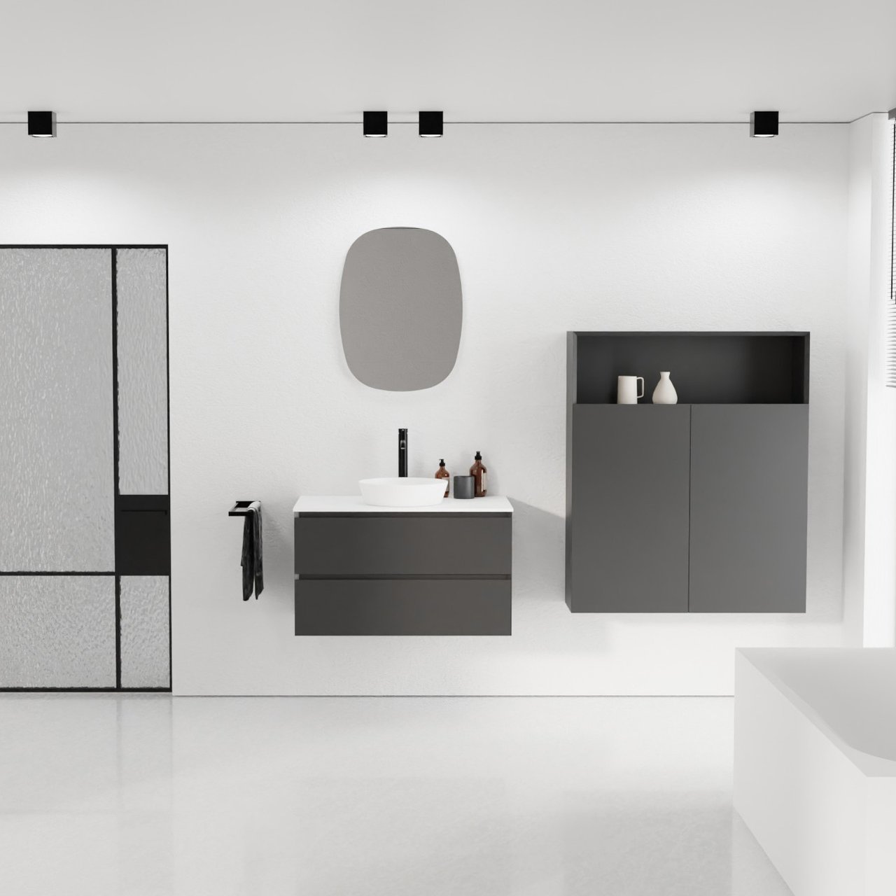 Balmani Mitra meuble salle de bains suspendu 90 x 55 cm noir mat avec Stretto tablette simple en solid surface blanc mat