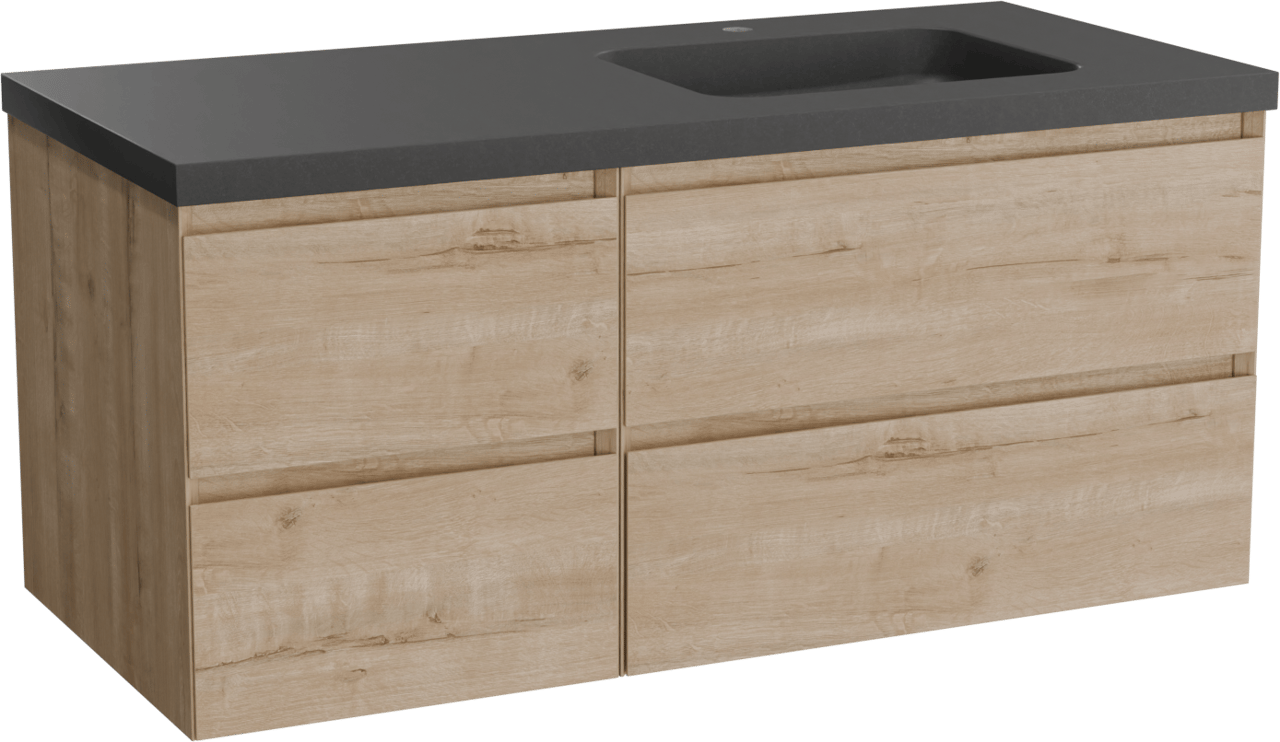 Balmani Mitra hängendes Möbelstück Set: 120 x 55 cm, Rohe Eiche, mit Napoli Waschtisch rechts, Schwarzes Granit