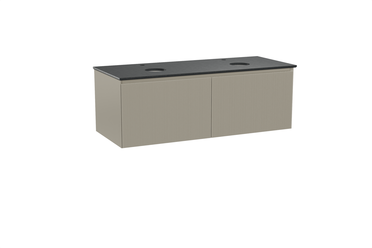 Balmani Fila hängendes Möbelstück Set: 135 x 55 cm, Steingrau, mit Facetta Doppel Waschtischplatte, Granit, Schwarzes Granit, Vertikale symmetrische gerade Rippe