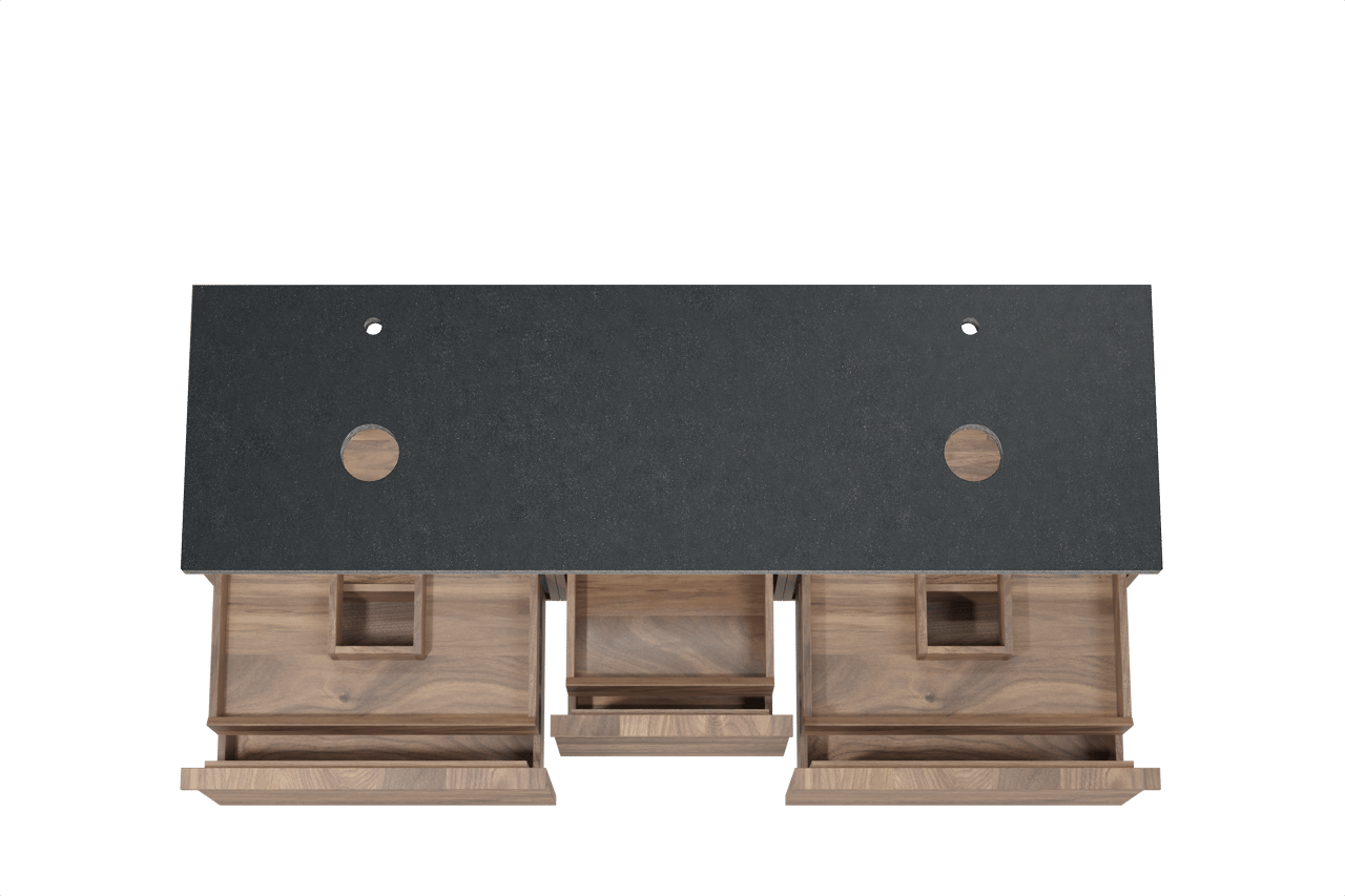 Balmani Forma zwevend badmeubel 180 x 55 cm amerikaans notenhout met Rock dubbel wastafelblad in zwart graniet, Horizontale symmetrische rechte ribbel