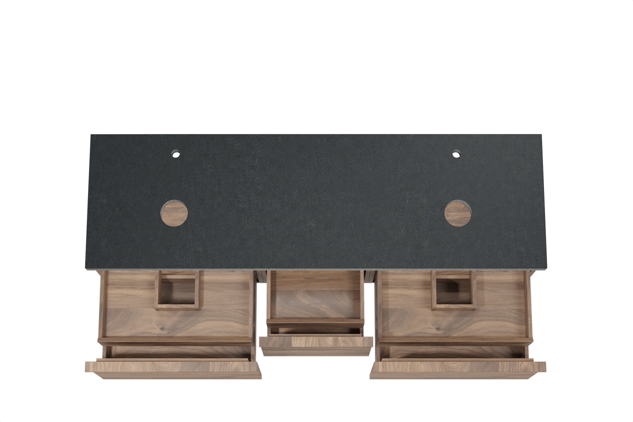 Balmani Forma zwevend badmeubel 180 x 55 cm amerikaans notenhout met Rock dubbel wastafelblad in zwart graniet, Horizontale symmetrische rechte ribbel