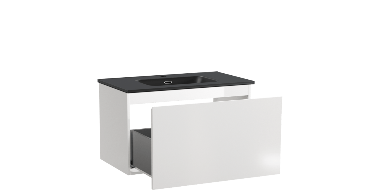 Linie Lado hängendes Möbelstück Set: 80 x 46 cm, Weiß glänzend, mit Baro Einzelwaschtisch, Porzellan Schwarz matt