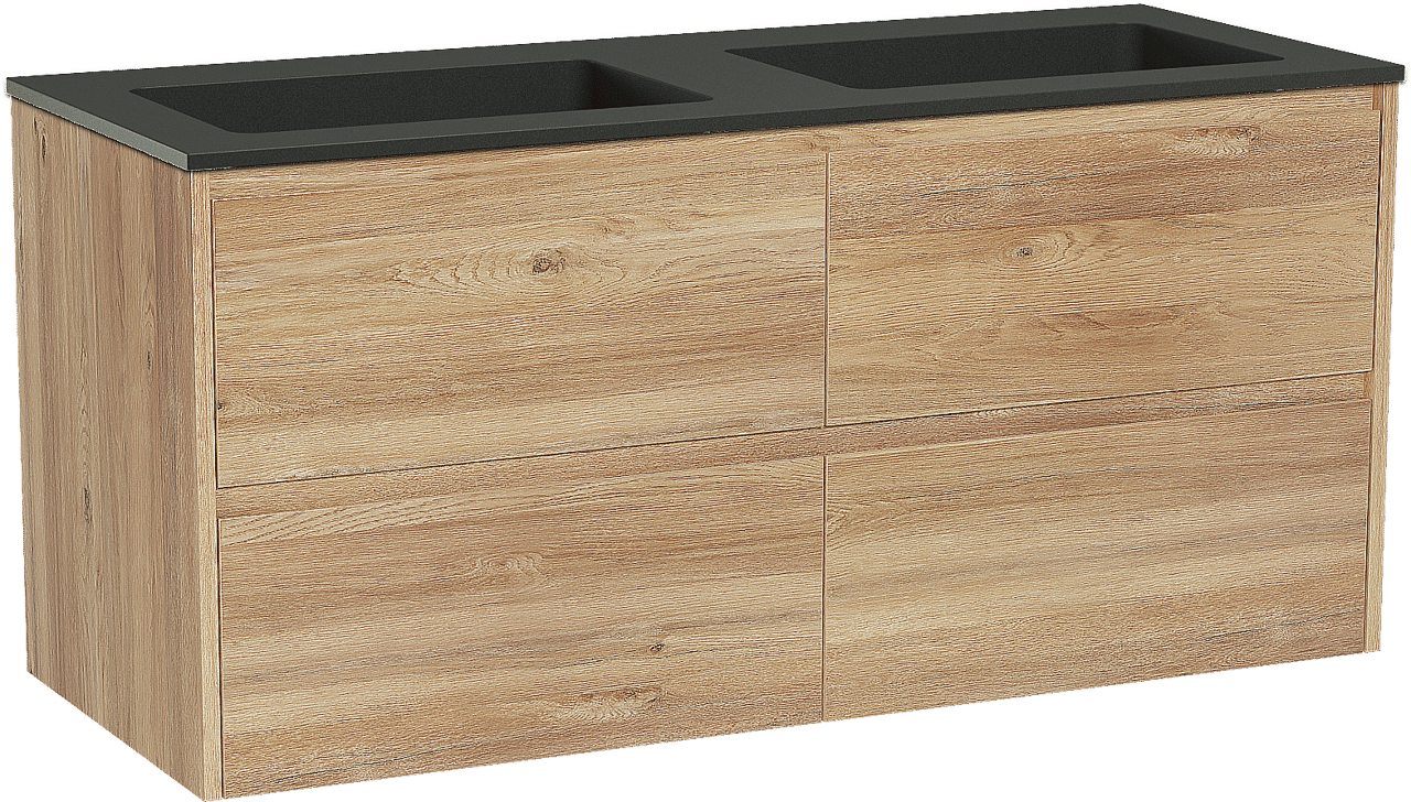 Storke Seda zwevend badmeubel 130 x 52 cm ruw eiken met Scuro dubbele wastafel in kwarts mat zwart