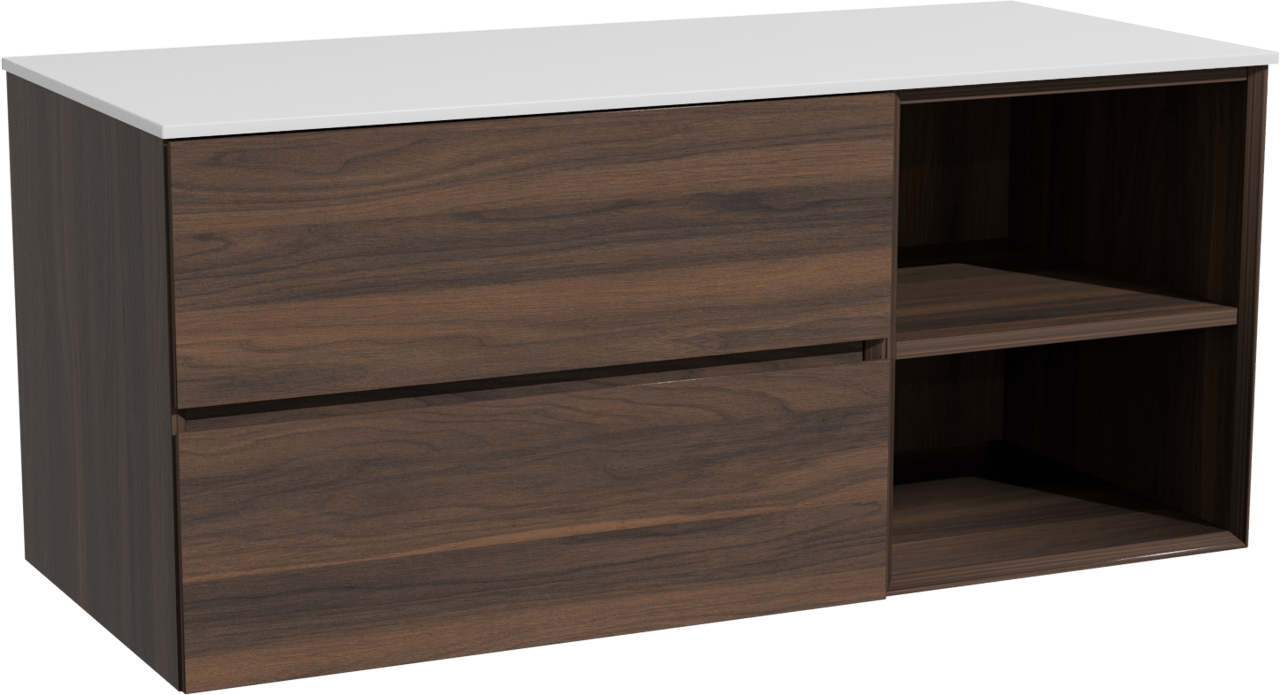 Storke Edge hängendes Möbelstück Set: 120 x 52 cm, Nussbaum, mit Tavola Einzel- oder Doppel Waschtischplatte, Solid Surface Weiß matt