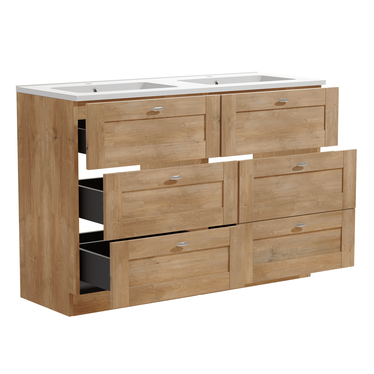 Linie Classo staand badkamermeubel 120 x 46 cm natuur eik met Vano dubbele wastafel in composietmarmer mat wit