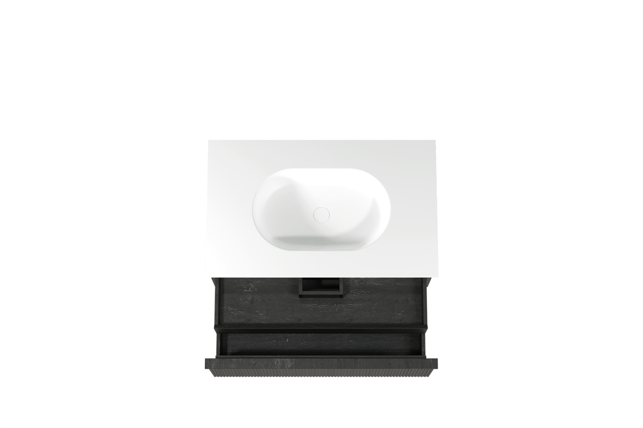 Balmani Forma meuble salle de bains suspendu 90 x 55 cm chêne noir avec Tablo Oval plan simple en solid surface blanc mat, Nervure droite symétrique verticale